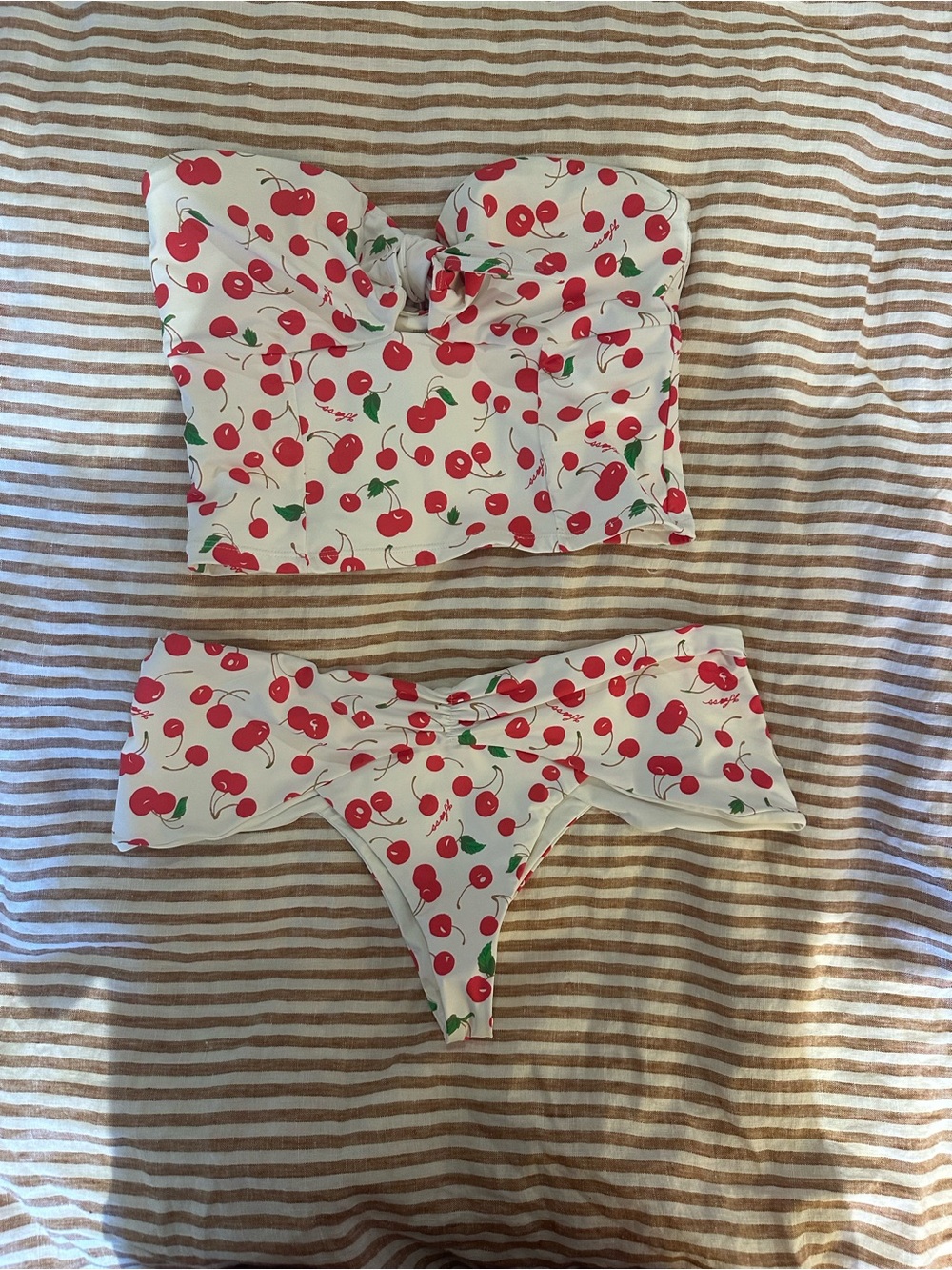 White Cherry Print Strapless Bikini Set